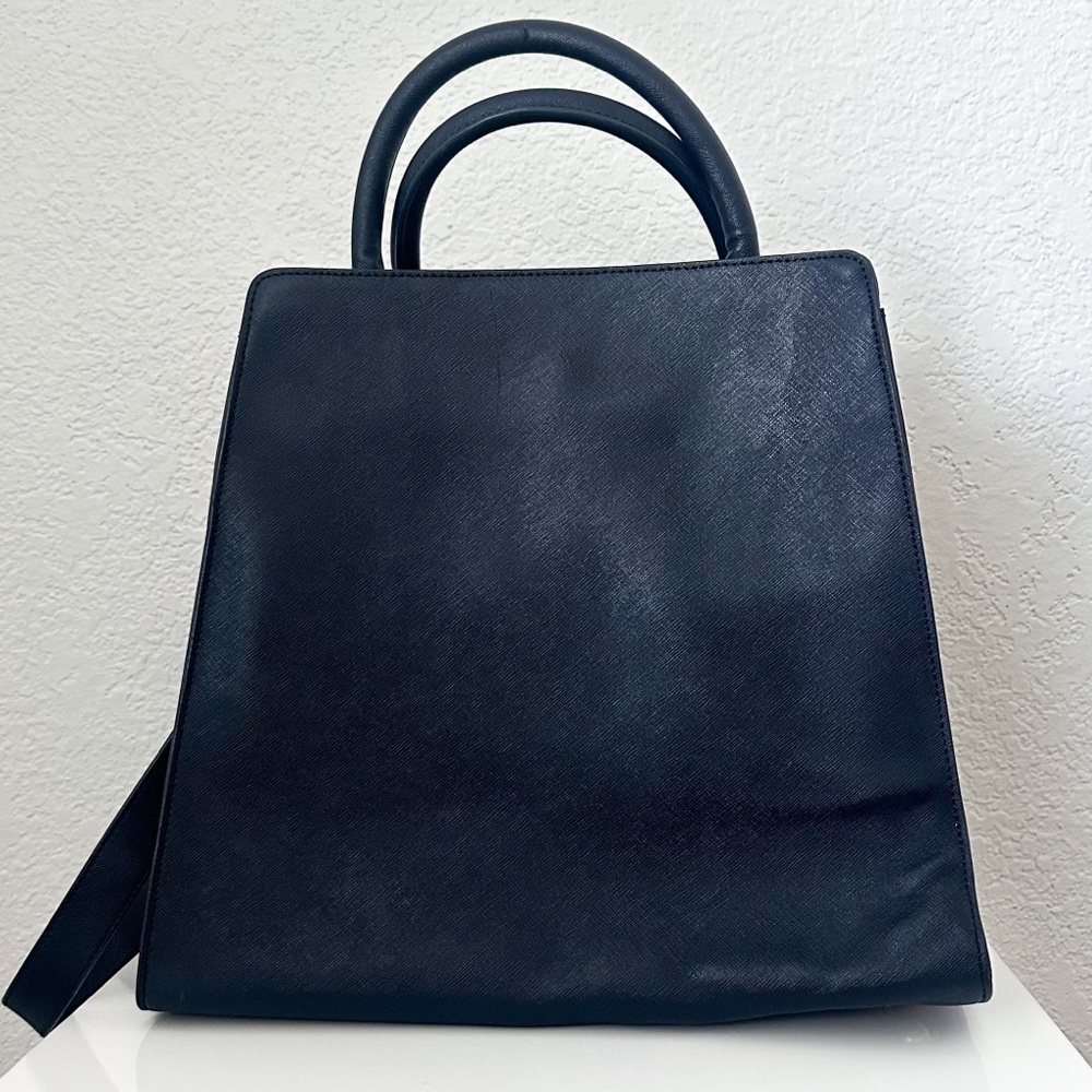 Zac Posen Eartha Satchel Navy Blue Patent Saffiano Leather Gold Purse Bag - Picture 6 of 14
